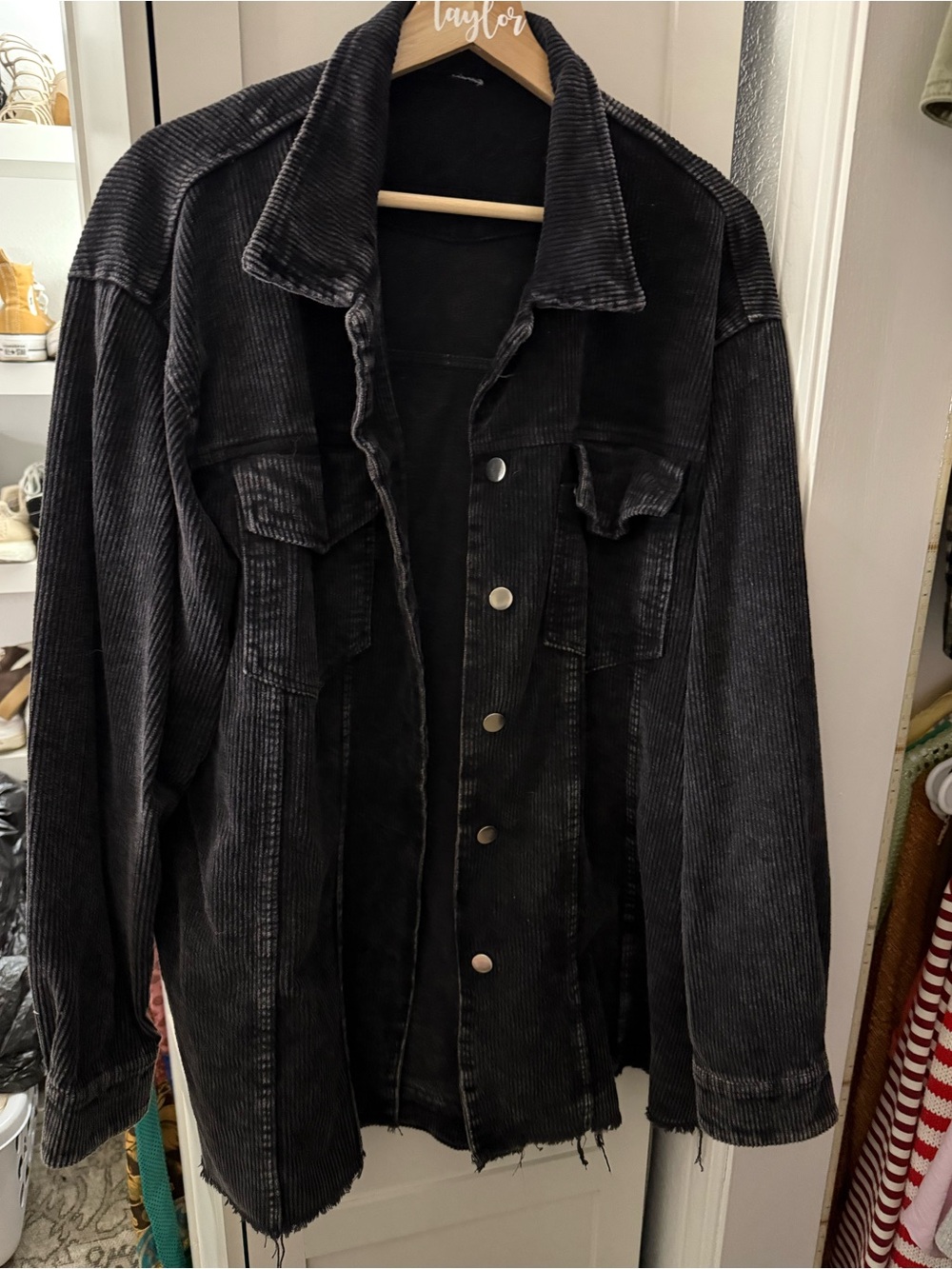 Women's Oversized Button Down Corduroy Shirt Jacket Coat Washed Retro Shacket - Picture 6 of 12
